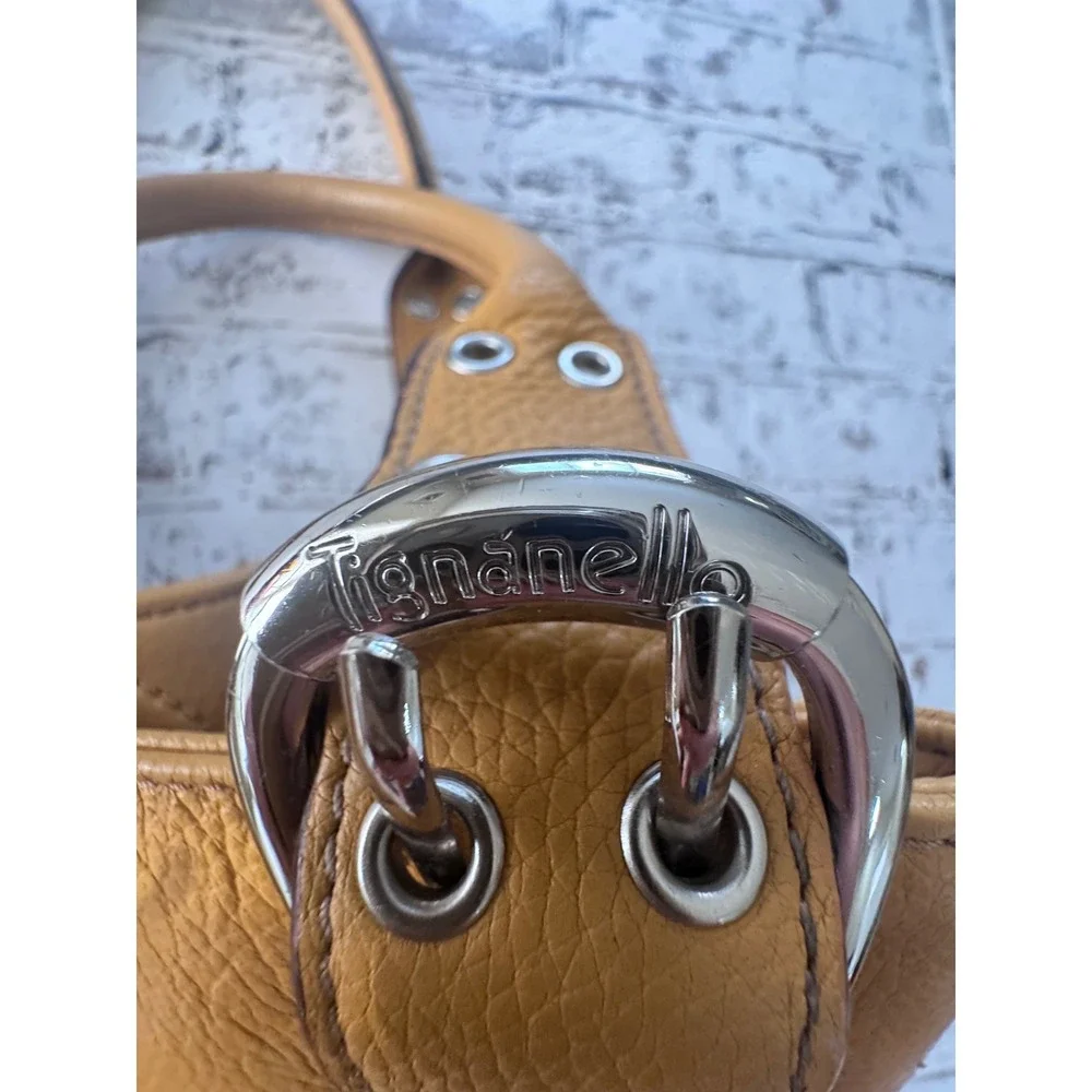 Tignanello Mustard Yellow Pebbled Leather Satchel Buckle Handbag Silver Hardware
